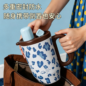 Termo con estampado de leopardo y asa, taza de café con aislamiento de doble pared de gran capacidad para uso diario de estudiantes - Product Image 4