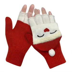 Cute Children Kids Cartoon Jacquard Convertible Fingerless Gloves Mittens Winter acrylic knitted Christmas Gloves