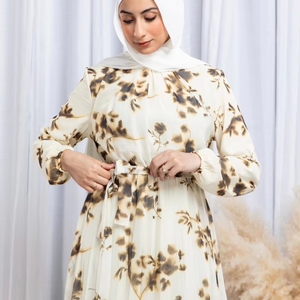Leduo Customized <b>White</b> Floral Print Modest Floor Length Dress Smocked Cuff Abaya for Muslim - Product Image 1