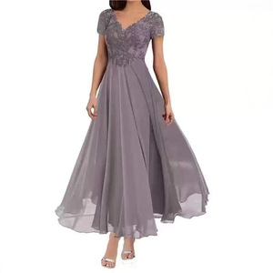 Robe de soirée en mousseline de soie, col en V, taille haute, grande taille, style européen et américain - Product Image 1