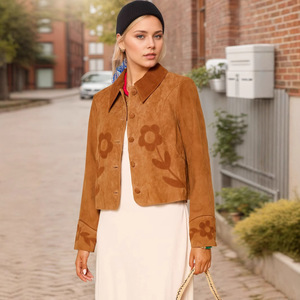 Chaqueta de Ante Marrón para Mujer 2026 al por Mayor, con Bordado Floral de Moda, Botón Único, Transpirable, Ropa Exterior Casual para Invierno - Product Image 3