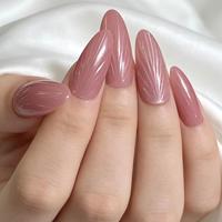 Faux ongles à presser en amande, rose poudré, texture coquille 3D, brillants, vente en gros, étiquette privée personnalisée