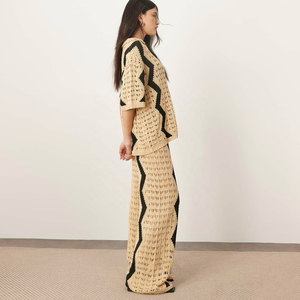 Conjunto de punto de ganchillo bohemio, cárdigan de manga corta con patrón de zigzag negro <span class=keywords><strong>Beige</strong></span>, pantalones de pierna ancha, traje de verano de moda para <span class=keywords><strong>mujer</strong></span> - Product Image 6