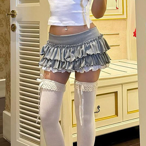 Low-<b>waisted</b> <b>elastic</b> waistband lace trim multi-layered A-line cake <b>skirt</b> casual and sweet heavy-duty mini <b>skirt</b> - Product Image 3