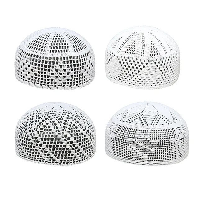 Cappello islamico Kufi hijab musulmano fatto a mano all'uncinetto in cotone bianco per uomo