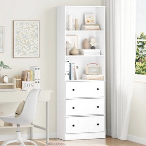 Custom High Quality 70 Inch White Tiered Shelf Standard <strong>Bookcase</strong> Cabinet with Drawers Open Shelves Storage Bookshelf - Product Image 6