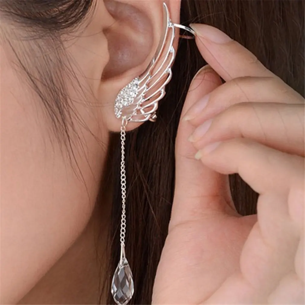 Yeni moda gümüş kaplama uzun manşet küpe melek kanadı kristal bırak Dangle kulak damızlık küpe kadınlar için