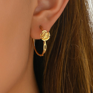 Flower Hoop <b>Earrings</b> Gold Rose Design Office Career Women Jewelry Zinc Alloy Stainless Steel <b>Post</b> EH4748 - Product Image 2