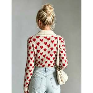 Cárdigan con cuello en V y estampado de corazones para mujer, suéter S(66) con corazones rojos, prendas de punto ligeras para uso casual - Product Image 5
