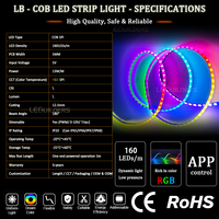 Bande lumineuse intelligente Dream Smart 160 LED RVBW IC RGBIC COB, 5V basse tension, contrôleur adressable, 5mm, étanche IP65, WiFi