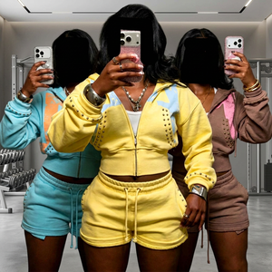 Hot Sale Women's Street Style 2 Piece Tracksuit Set with Rivet Detail Hooded Crop <b>Top</b> and Jogger Shorts Solid Color Blank Sets - Product Image 2