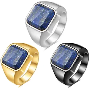 2024 Roestvrij Staal Lapis Lazuli Ring Zegel Grote Heren Edelsteen Ring Sieraden Geschenken Voor Mannen Unieke Vintage Ring