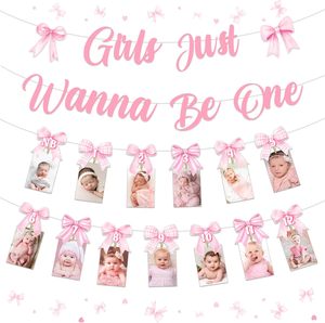 Decoraciones de Primer Cumpleaños con Lazo Rosa, Banner 'Las Niñas Solo Quieren Ser de 1 Año', Banner Fotográfico de 0 a 12 Meses para Fiesta de Cumpleaños con Lazo - Product Image 1