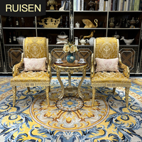 Fauteuil décontracté en bois massif français, chaise de salon en tissu européen, chaise de balcon sculptée, brodée, idéale pour les villas de luxe