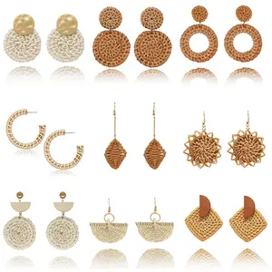 Bohemian Straw Rattan Woven Geometric Stud Earrings For Women Handmade Wooden Big Drop Earrings Fashion Jewelry