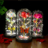 Cadeau de la Saint-Valentin YM : rose éternelle sous cloche en verre, lampe LED, fleurs en verre plaqué or 24 carats avec lumières, papillon sous cloche en verre