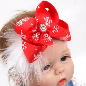 Groothandel fancy sneeuwvlok veer bows kerst baby hoofdband voor kinderen haaraccessoires