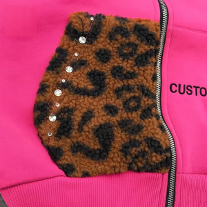 Custom 500gsm Gem Rhinestones <b>Hoodie</b> With <b>Leopard</b> <b>Print</b> Fur Embroidery Patch Screen <b>Print</b> Streetwear Zip Up Hoodies - Product Image 4