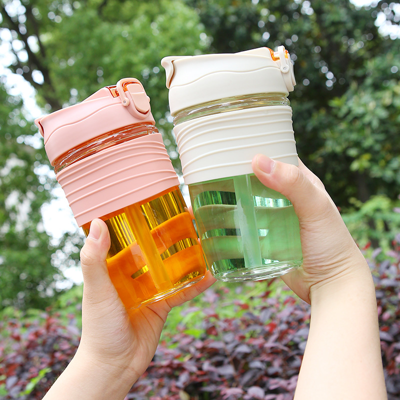 350ml 500ml single layer glass water bottle with silicone sleeve high borosilicate glass water cup