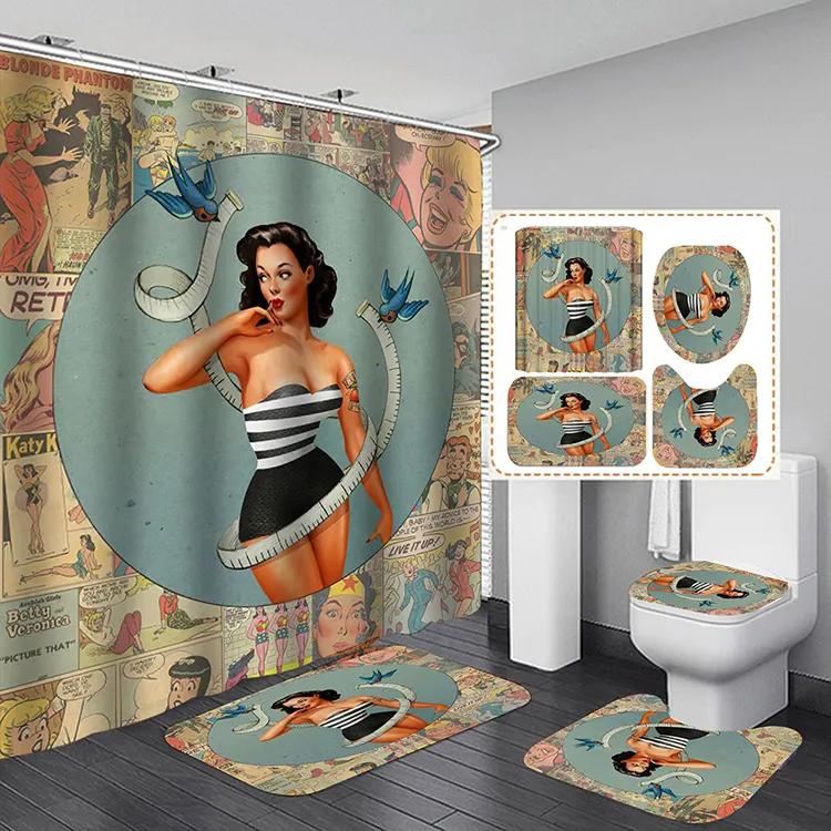 American Wash Salle de bain Décoration anti-moisissure Filles Art Peinture à l'huile Rétro Sexy Femme Rideau de douche avec crochet