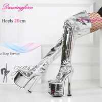 Nouvelles bottes sexy rouges en cuir verni à talons hauts de 20 cm, bottes super hautes au-dessus du genou, chaussures de danseuse de club, chaussures de fête, chaussures fétichistes pour femmes
