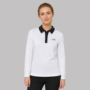 Polo pour femme blanc à manches longues, col contrastant noir, coupe ajustée, idéal pour le golf et le tennis - Product Image 1