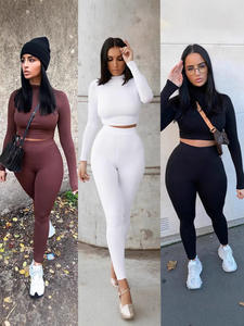 Setelan Olahraga Wanita Kasual Dua Potong Model Skinny Lengan Panjang Motif Print Panjang Se-mata Kaki Bahan Polyester untuk Yoga - Product Image 2