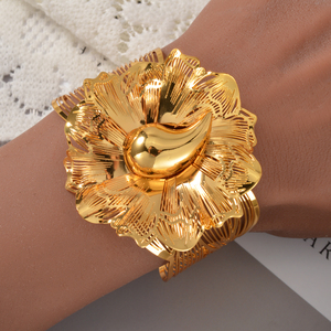 textured open cuff prominent floral ornament bulk wholesale copper made 18k gold plated fine women <b>bangle</b> bracelet ring <b>set</b> - Product Image 3