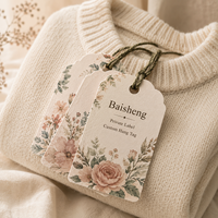 Étiquettes volantes de boutique en papier ivoire texturé, découpées à la forme de coquille Saint-Jacques, avec impression intégrale motif aquarelle botanique vintage, pour vêtements féminins, marque privée