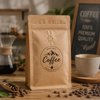 Sachet de café en papier kraft imprimé avec logo personnalisé, valve et fermeture éclair, pochette verticale pour l'emballage de grains de café, sac Mylar avec fermeture éclair