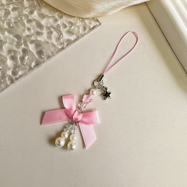 Cute Y2K Rhinestone Wristlet for Cell Phone Charm Pink Bow Handmade Crystal Bow Tie Charm Phone Chain Pendant