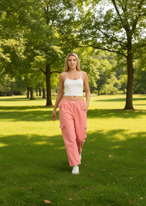 Pantalones Cargo de Punto para Mujer, Corte Holgado, Cintura Media, Cordón Ajustable, Color Sólido, Transpirables, Casuales, para Verano - Product Image 2