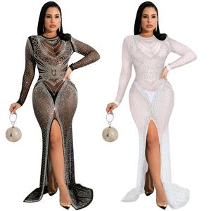 Kadınlar seksi şeffaf elmas bölünmüş uzun kollu kristal Rhinestone Bodycon Maxi elbise parti gece düğün balo abiye - Product Image 3