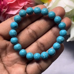 Synthetic Turquoise <b>Bracelet</b>: Round <b>Gemstone</b> Beads, Stretch <b>Bracelet</b>, Unisex Classic Style Certified Anniversary Gift - Product Image 3