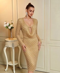 A12024 Vestidos Personalizados de Fabricantes, Vestido Maxi para Mujer, Verano, Casual, Cuello en V, Manga Larga, Diamantes, Fiesta, Rochie De Seara - Product Image 2