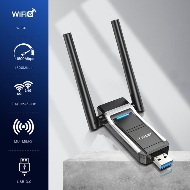 AX1800M USB WiFi 6 Adapter 802.11ax for PC, USB 3.0 WiFi Dongle Dual Band High Gain Dual Antennas Wireless Network Adapter