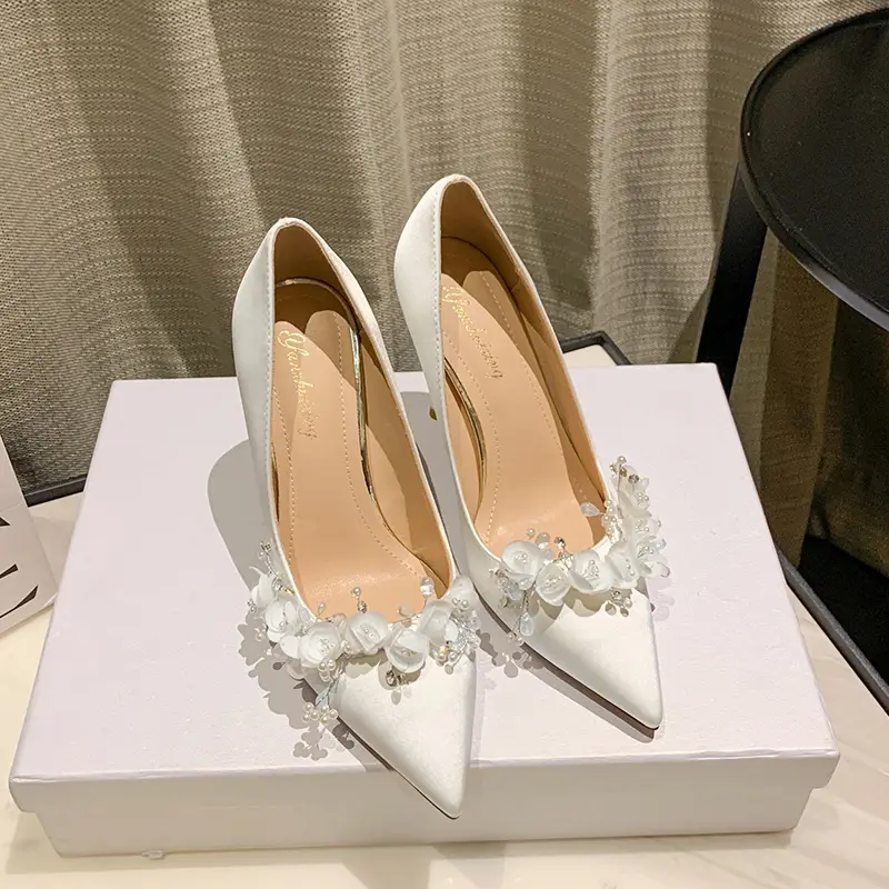 PDEP Wholesale point toe New White Wedding Shoes for Women satin Silk Flower Bridal Shoes stilettos ladies Heel Bridesmaid