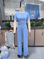 Ensemble 2 pièces décontracté tendance printemps-automne pour femme : T-shirt uni à manches courtes col rond et pantalon