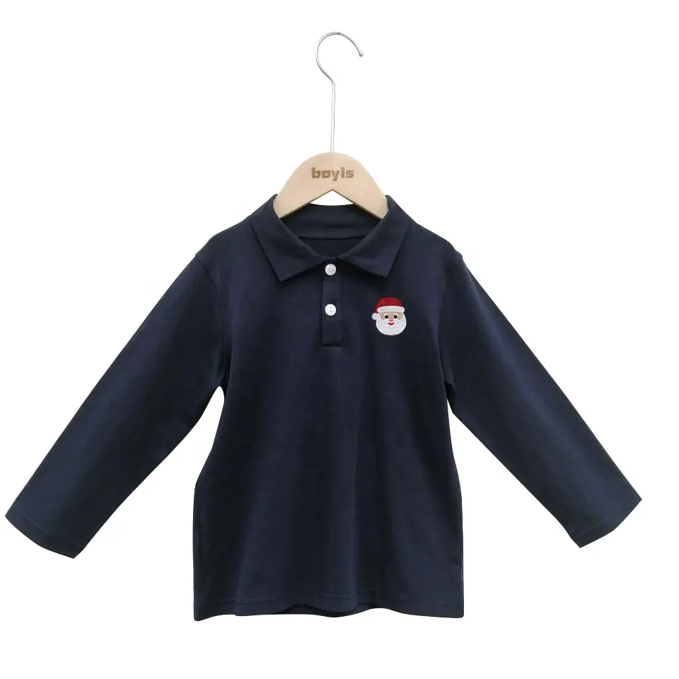 High quality customized Santa Claus applique baby boys long sleeve shirt 0-16 years old polo t-shirt for kids