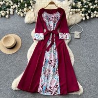 Robe longue maxi décontractée pour femme WIWT, à imprimé floral, manches 3/4, avec ceinture, pour un usage quotidien