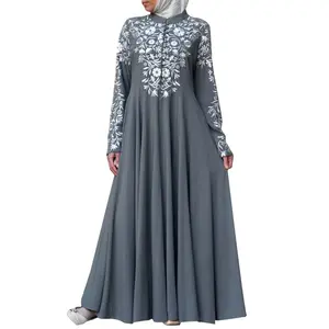 New Ethnic Muslim Women Long Sleeved Stand Up Collar Flower Printed Large Swing Dress Abaya Robe