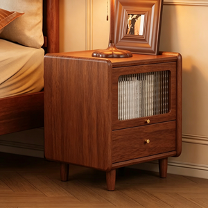 Premium <b>Walnut</b> Solid Wood Nightstand Mid-century Style Fluted Glass Door with <b>Drawer</b> Storage Bedroom Furniture Stable Short Legs - Product Image 6