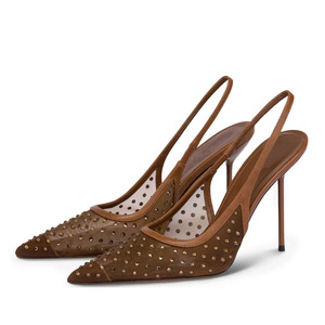 Sandalias de malla transpirable sexys para mujer con tira trasera, tacones altos y delgados, zapatos de tacón de aguja con pequeños diamantes de imitación, estilo slingback para vestir - Product Image 1