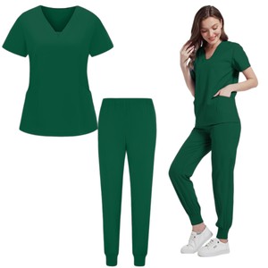Women Scrub Suit Short Sleeve Ribbed Leg Elastic Split Set Moisture Wicking Hospital Dental Clinic Uniform - Product Image 5