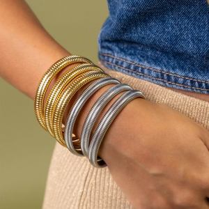 European American Retro Elastic <b>Bangle</b> 18K Gold Plated Stainless Steel Women's Jewelry Fashion <b>Bracelet</b> - Product Image 1