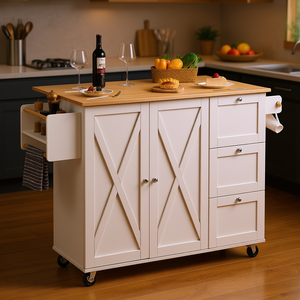 White <b>Kitchen</b> Island Cart Solid <b>Wood</b> Top 45.3 In Mobile <b>Rolling</b> Storage Cabinet Drop Leaf Table Spice Rack Towel <b>Holder</b> - Product Image 2