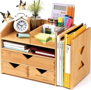 Organisateur de bureau en bambou grand format - Tiroirs A4 et porte-documents réglable, rangement de bureau en bois entièrement assemblé - Product Image 1