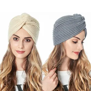 Factory spot Autumn And Winter Hat HijabWomen European And American Woolen Indian Hat Color Muslim Cross Knit Hood Baotou Hat