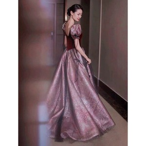 Puff Sleeve Evening Gown Long Skirt Red Women Stage Performance Dress For Brides Toasting Vocal Art Exam Hosting Chorus - Product Image 4