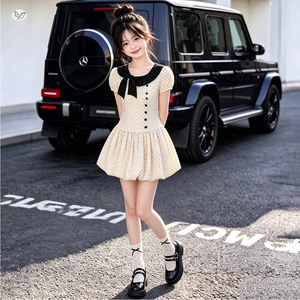 Robe courte à pois à manches bouffantes et taille bouffante pour filles, tenue d'été - Product Image 2
